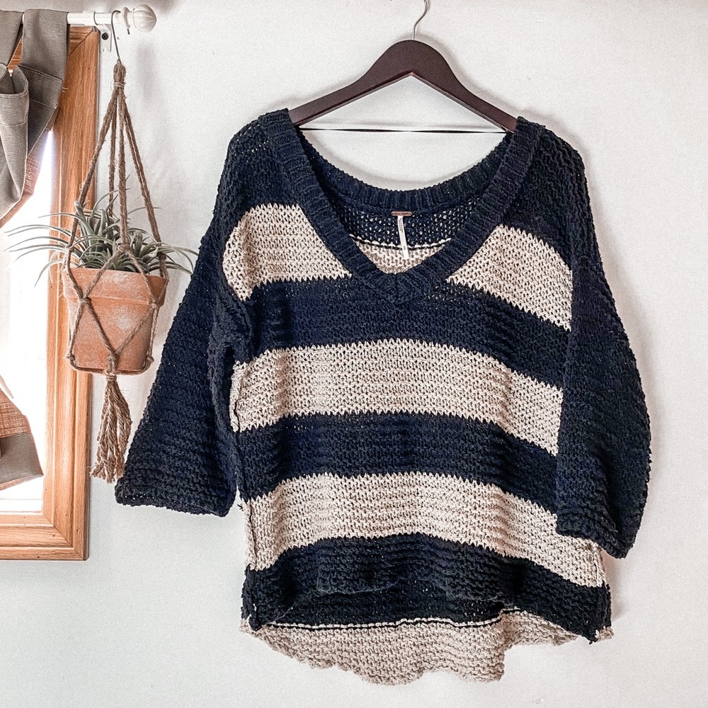 Free People Black Cream Stripe Knit Sweater